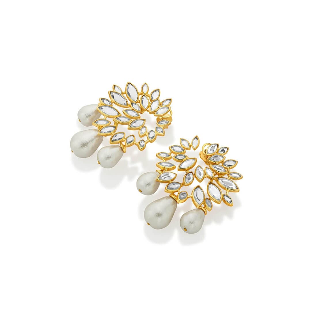 Modern Maharani Marquise Mirror Statement Pearl Drop Gold Earrings - Isharya | Modern Indian Jewelry