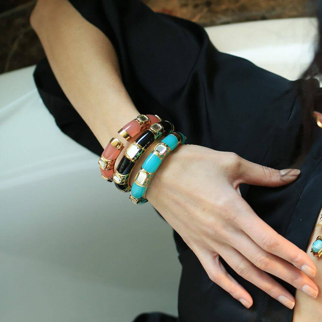 La Conchita Graphic Statement Hinge Bangle in Turquoise - Isharya | Modern Indian Jewelry