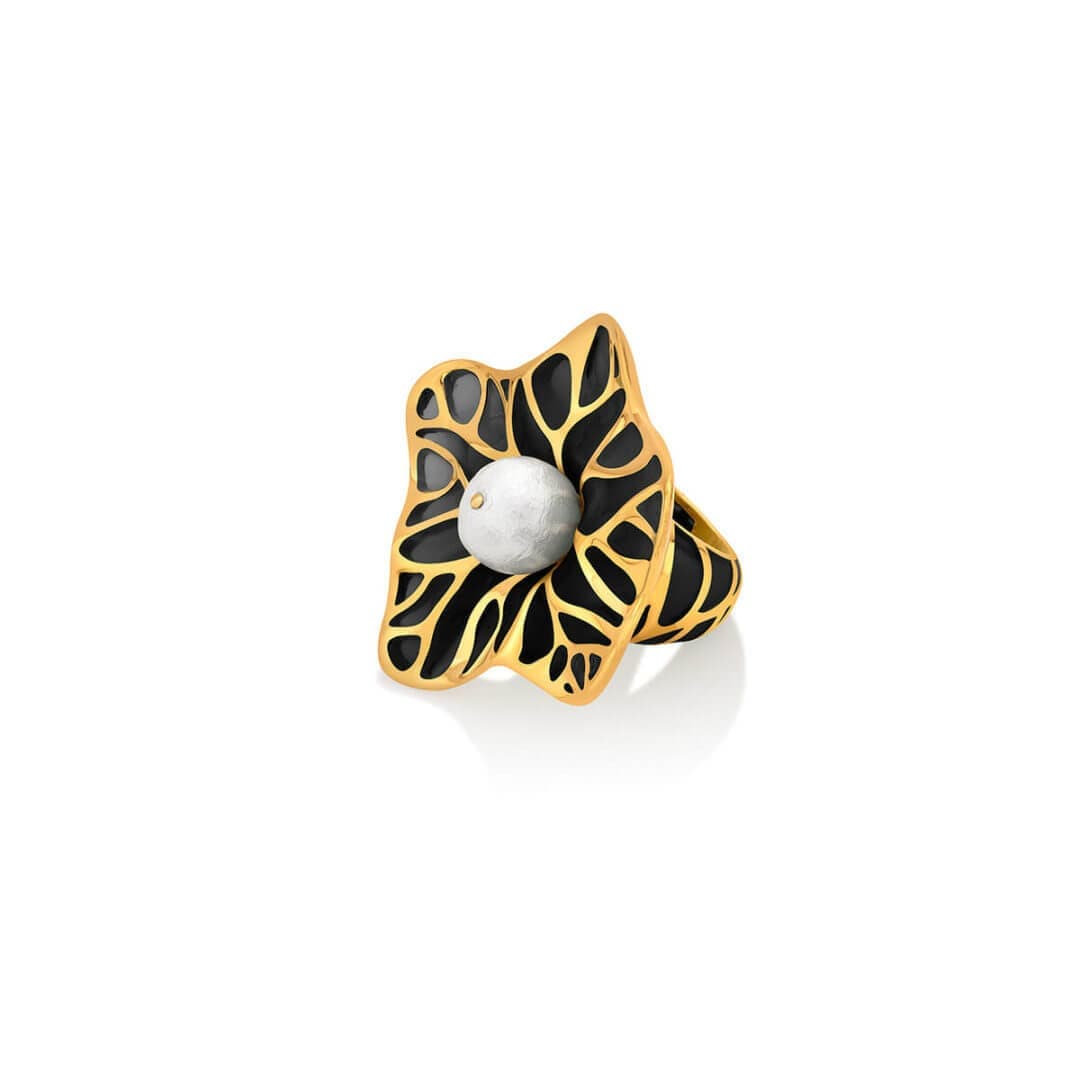 La Conchita Abstract Floral Statement Ring in Black