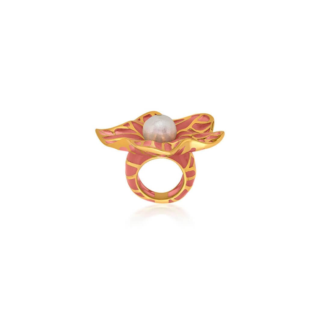 La Conchita Abstract Floral Statement Ring in Coral