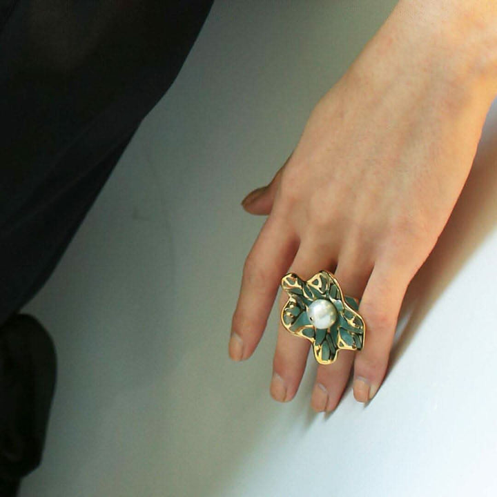 La Conchita Abstract Floral Statement Ring in Coral