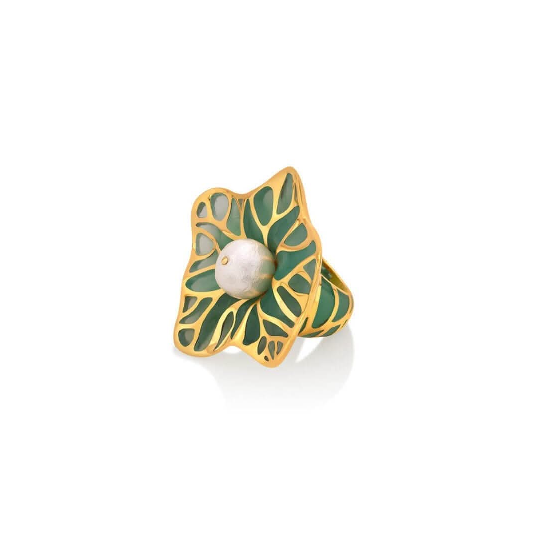 La Conchita Abstract Floral Statement Ring in Coral
