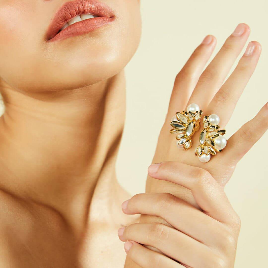 Marquise Mirror Statement Open Pearl Ring - Isharya | Modern Indian Jewelry