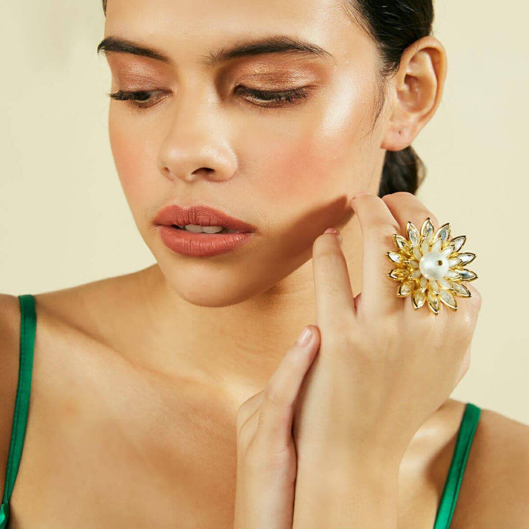Marquise Mirror Statement Pearl Ring - Isharya | Modern Indian Jewelry